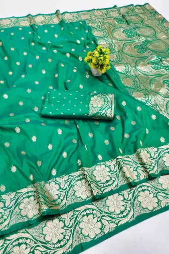 Green zari woven banarasi silk blend saree with blouse piece