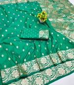 Green zari woven banarasi silk blend saree with blouse piece