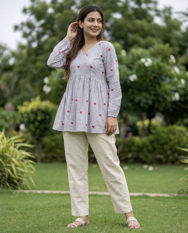 Sky blue color linen cotton top bottom set for graceful formal attire