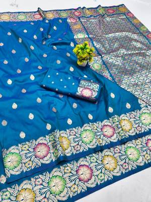 Blue zari woven silk blend saree with blouse piece 1