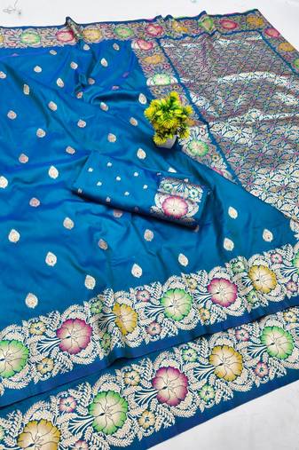 Blue zari woven banarasi silk blend saree with blouse piece