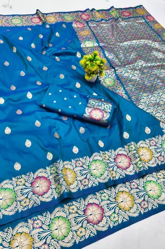 Blue zari woven banarasi silk blend saree with blouse piece