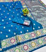 Blue zari woven banarasi silk blend saree with blouse piece