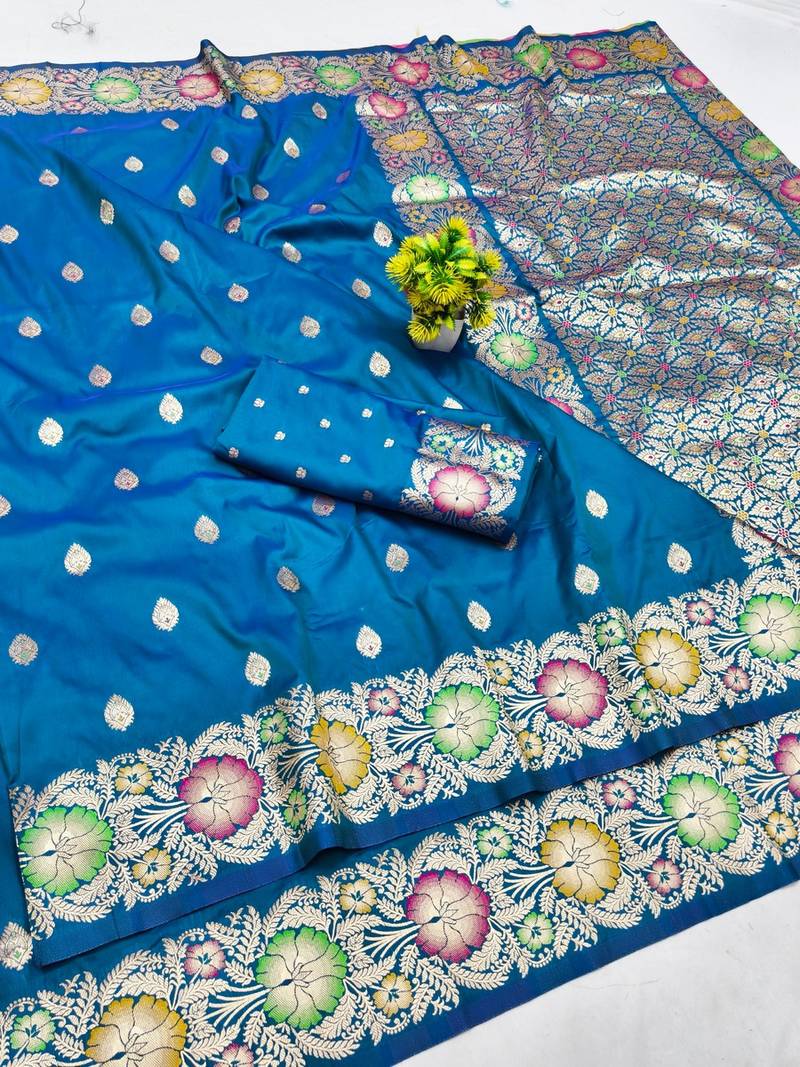 Blue zari woven banarasi silk blend saree with blouse piece