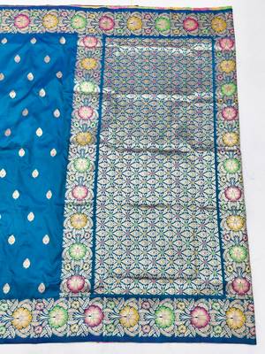 Blue zari woven silk blend saree with blouse piece 2