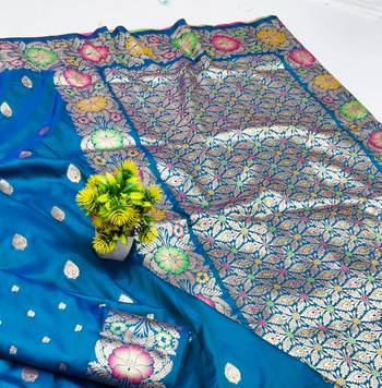 Blue zari woven silk blend saree with blouse piece 3