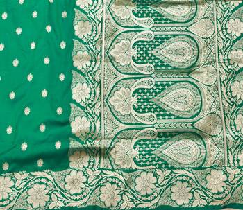 Green zari woven silk blend saree with blouse piece 5