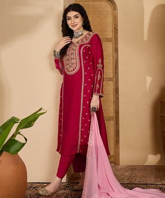 Red color beautiful vichitra silk embroidery elegant ceremonial suit 1