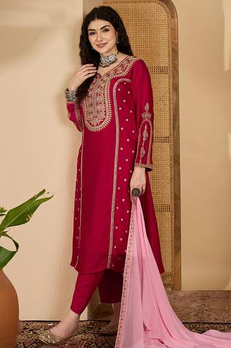 Red color beautiful vichitra silk embroidery elegant ceremonial suit