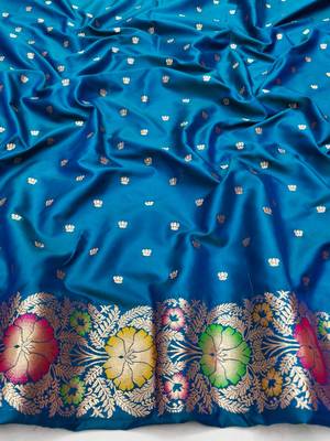 Blue zari woven silk blend saree with blouse piece 4