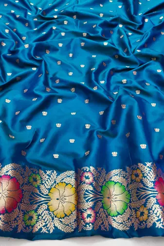 Blue zari woven silk blend saree with blouse piece