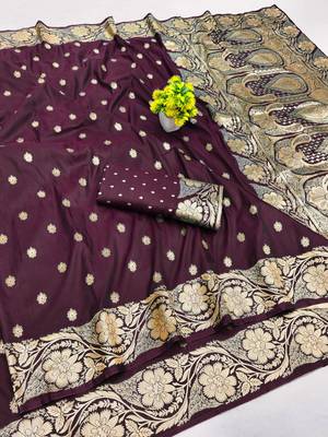 Wine zari woven silk blend saree with blouse piece 1