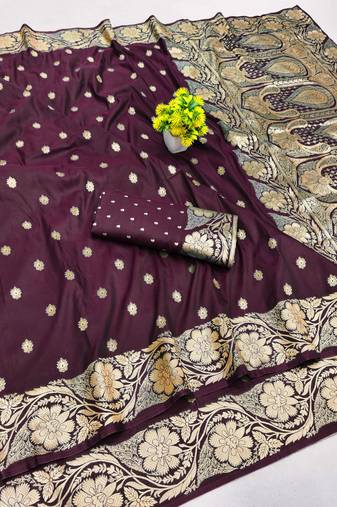 Wine zari woven banarasi silk blend saree with blouse piece