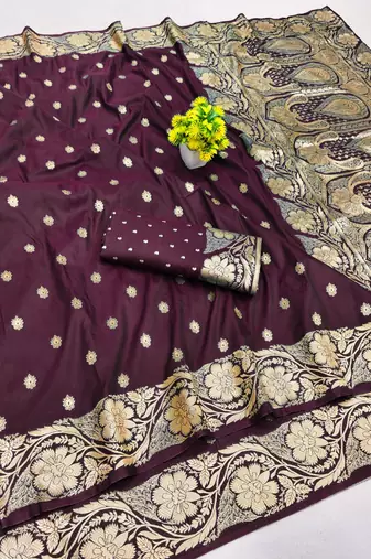 Wine zari woven banarasi silk blend saree with blouse piece