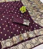 Wine zari woven banarasi silk blend saree with blouse piece