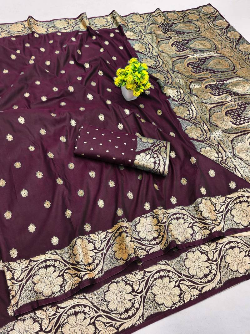 Wine zari woven banarasi silk blend saree with blouse piece