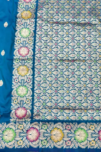 Blue zari woven silk blend saree with blouse piece