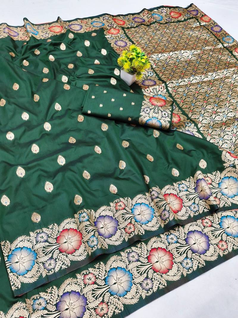 Dark green zari woven banarasi silk blend saree with blouse piece