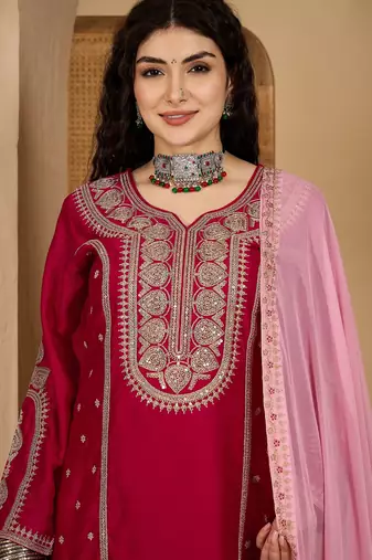 Red color beautiful vichitra silk embroidery elegant ceremonial suit