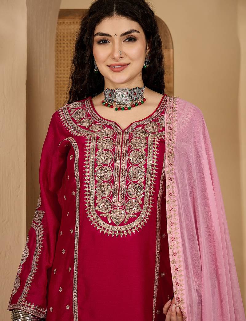 Red color beautiful vichitra silk embroidery elegant ceremonial suit