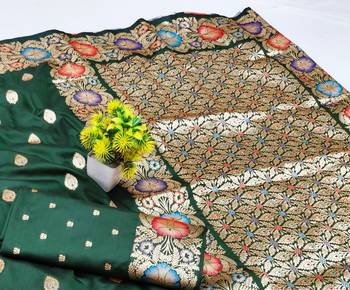 Dark green zari woven silk blend saree with blouse piece 3