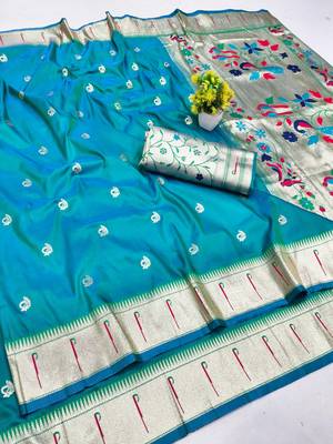 Rama zari woven paithani silk blend saree with blouse piece 1