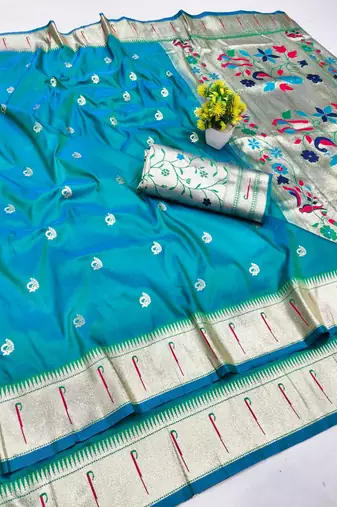 Rama zari woven paithani silk blend saree with blouse piece