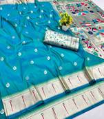 Rama zari woven paithani silk blend saree with blouse piece