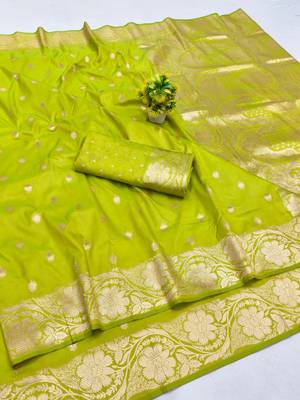 Lime zari woven silk blend saree with blouse piece 1