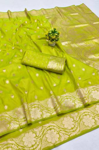 Lime zari woven silk blend saree with blouse piece