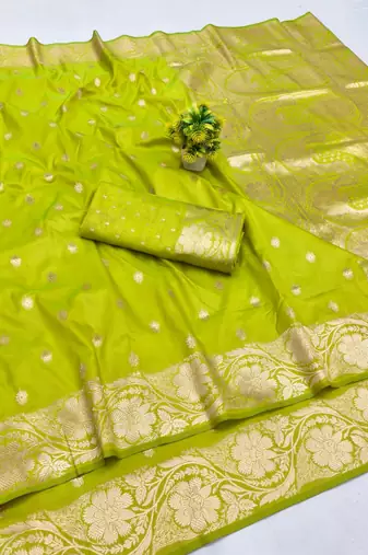 Lime zari woven banarasi silk blend saree with blouse piece