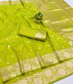 Lime zari woven banarasi silk blend saree with blouse piece