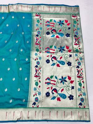 Rama zari woven paithani silk blend saree with blouse piece 2