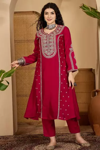 Red color beautiful vichitra silk embroidery elegant ceremonial suit