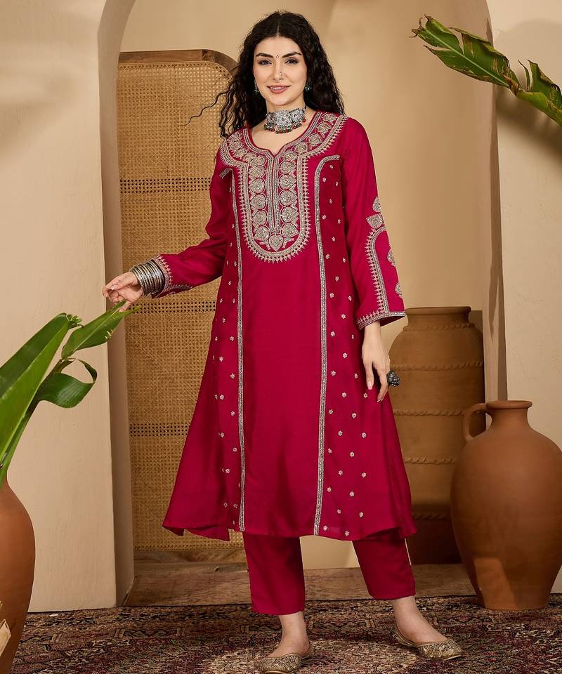 Red color beautiful vichitra silk embroidery elegant ceremonial suit