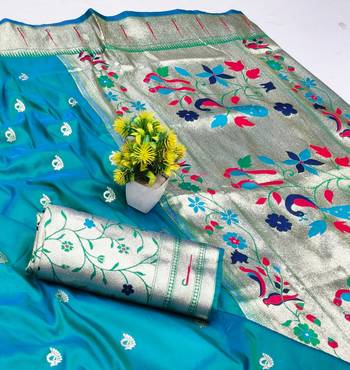 Rama zari woven paithani silk blend saree with blouse piece 3