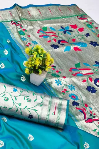 Rama zari woven paithani silk blend saree with blouse piece