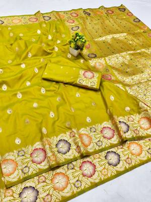 Lime zari woven silk blend saree with blouse piece 1
