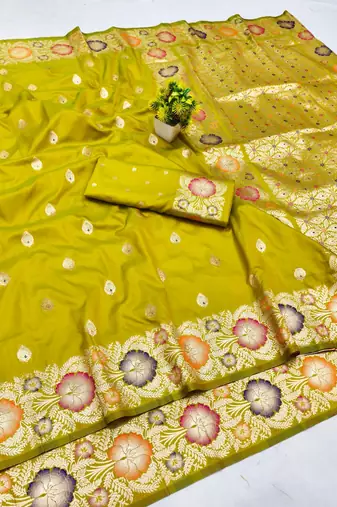 Lime zari woven banarasi silk blend saree with blouse piece