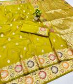 Lime zari woven banarasi silk blend saree with blouse piece