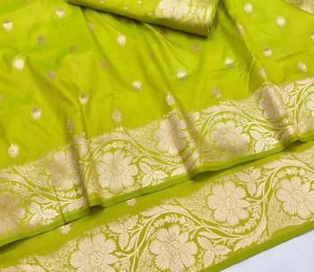 Lime zari woven silk blend saree with blouse piece 3