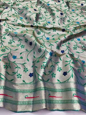 Rama zari woven paithani silk blend saree with blouse piece 4