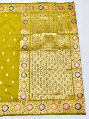 Lime zari woven silk blend saree with blouse piece 2
