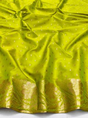 Lime zari woven silk blend saree with blouse piece 4