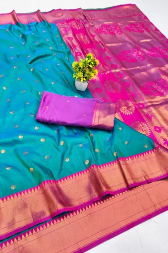 Rama zari woven paithani silk blend saree with blouse piece