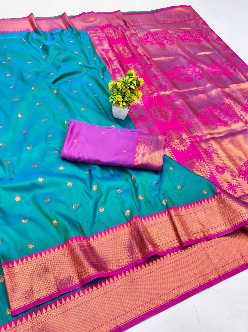 Rama zari woven paithani silk blend saree with blouse piece