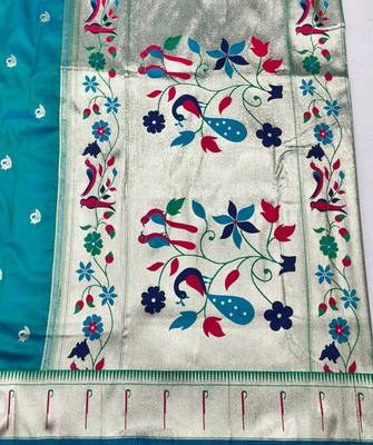 Rama zari woven paithani silk blend saree with blouse piece 5