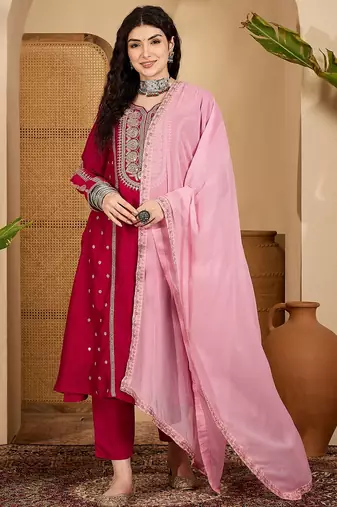 Red color beautiful vichitra silk embroidery elegant ceremonial suit