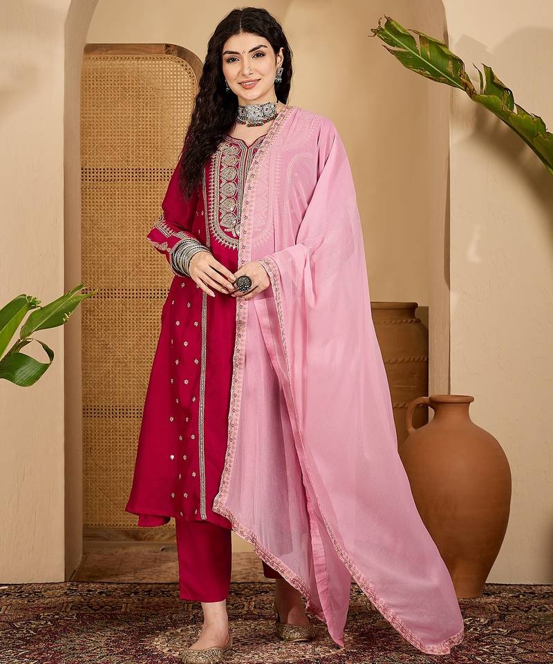 Red color beautiful vichitra silk embroidery elegant ceremonial suit