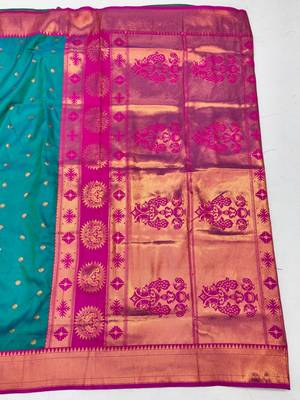 Rama zari woven paithani silk blend saree with blouse piece 2